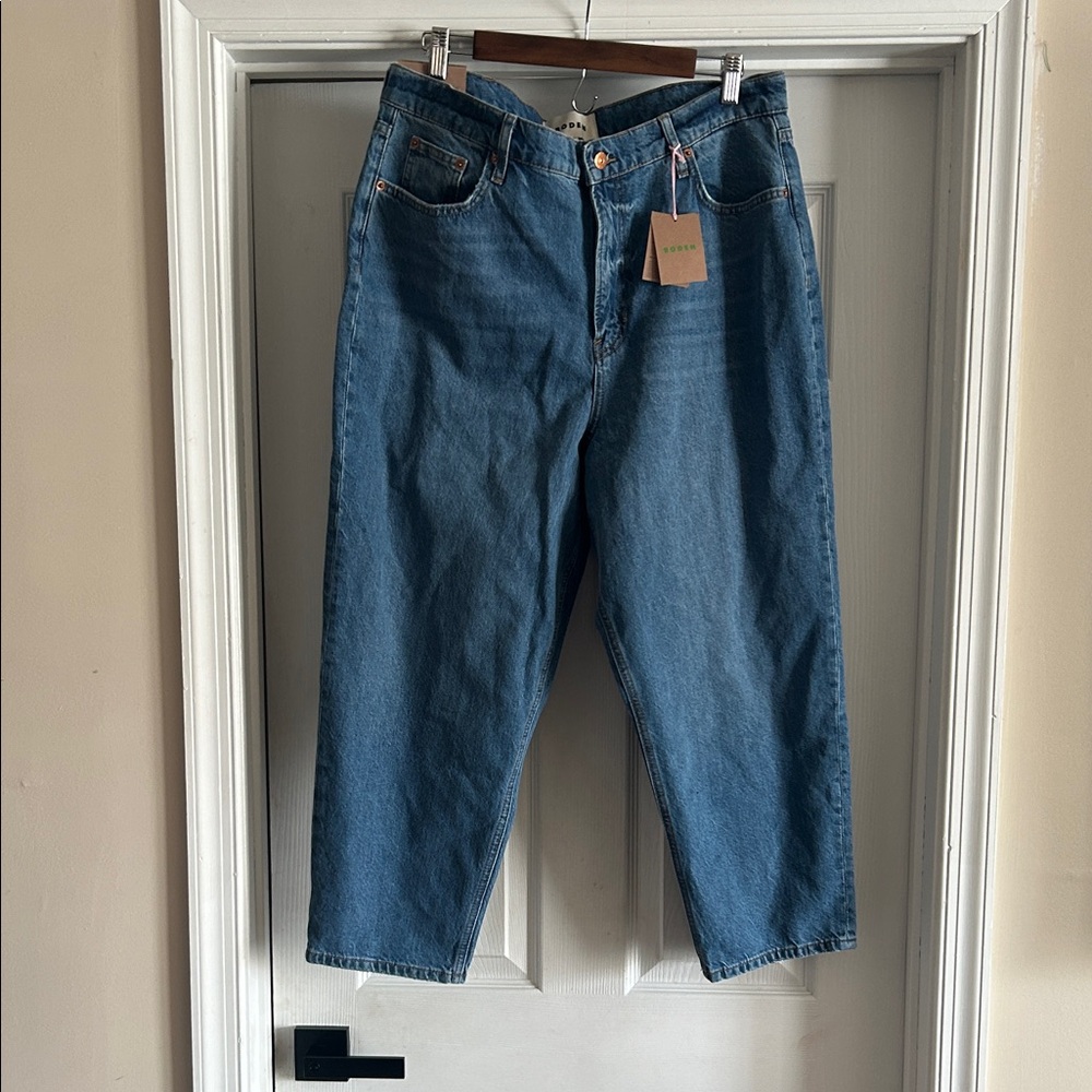 Boden womens High Rise Tapered-Leg Denim Jeans — Mid Blue